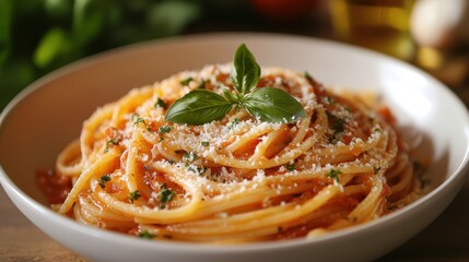 Fototapeta premium A symphony of flavors and textures: pasta, bathed in the vibrant embrace of tomato sauce, adorned with a generous sprinkle of grated parmesan cheese, a testament to culinary simplicity.