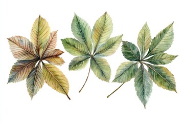 Set of watercolor Chestnut Leaves hand drawn on a white background
