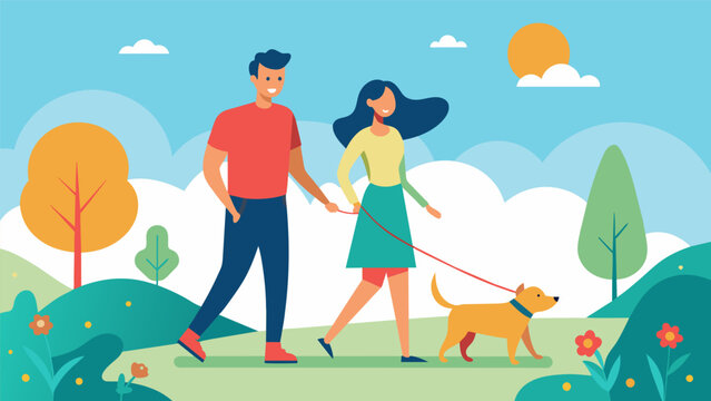 A couple takes their dog for a walk on a sunny day the simplicity of the moment and the unconditional love of their pet bringing them a sense of peace and contentment.. Vector illustration