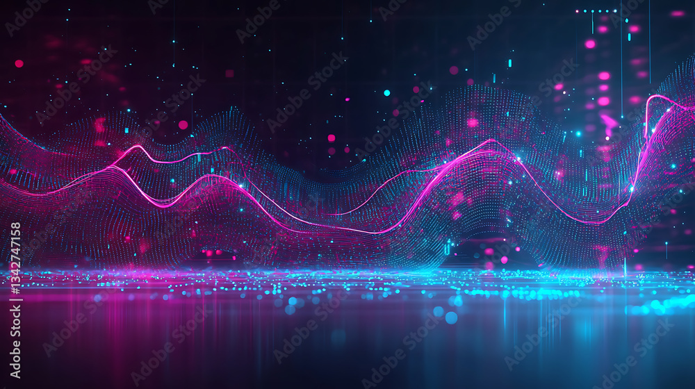 Poster dynamic digital waves and patterns virtual space abstract animation futuristic environment engaging 
