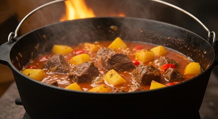 Hearty Beef Stew Simmers Warmly over Open Fire. AI Generated