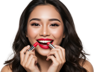 Beautiful Asian Woman Applying Red Lipstick Makeup Beauty Cosmetics Model