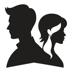 Vector silhouette of a woman and man in profile, a black heart between their faces
