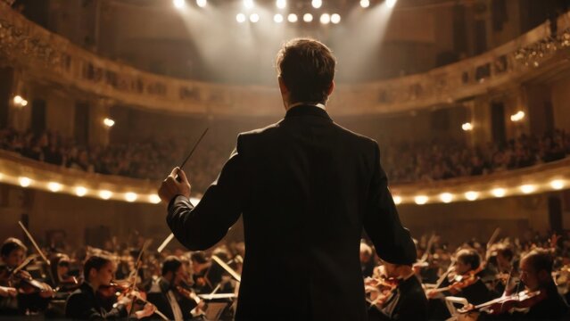 Conductor leading orchestra in auditorium  Low angle view of orchestra with conductor in black suit and baton.