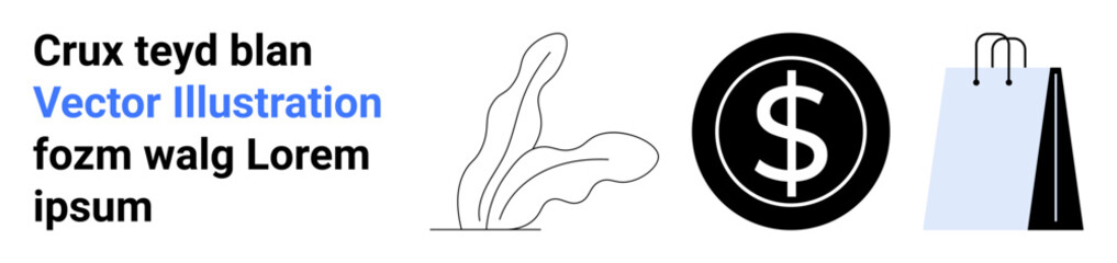 Dollar sign in bold black circle, two shopping bags, minimalist leaf design in line art. Ideal for online shopping, retail, finance, e-commerce, marketing, branding simple landing page