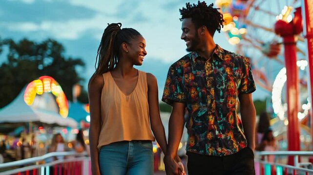 Couple lovers walking in an amusement park