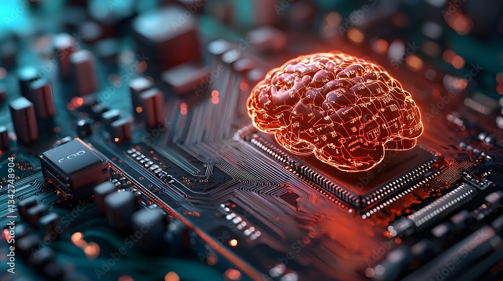 Poster Digital brain with AI powered circuits forming dynamic interest rate graphs symbolizing the role of learning and data analytics in financial decision making processes