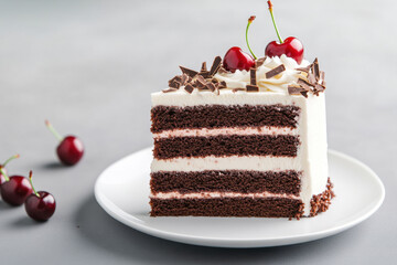 Delicious chocolate cake slice with cherries and chocolate shavings, perfect for dessert lovers. Indulge in this rich and visually appealing treat