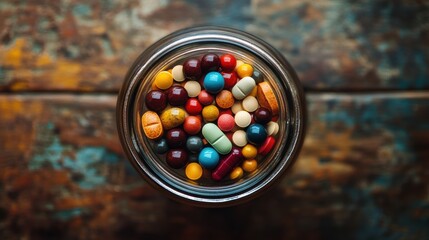 A colorful symphony of pills and capsules, nestled in a clear glass bottle, awaiting their moment in the daily routine.