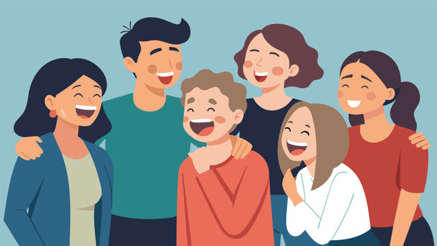 A moment of silent laughter where everyone holds their stomach and shakes with mirth making eye contact and increasing the sense of connection in the group.. Vector illustration