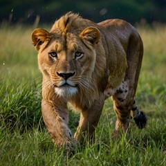 Obraz premium Stealthy Panthera leo melanochaita Hunting in the Lush Savannah Post-Rainstorm