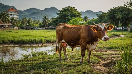 Naklejka premium cow in countryside Hua Hin, Thailand