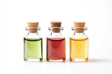 Bottles of essential oils in green, red, and yellow colors with cork stoppers, showcasing natural beauty and wellness. Perfect for aromatherapy and relaxation