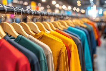 Fototapeta premium Colorful shirts hanging on racks inside clothing store