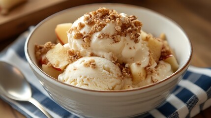 A bowl of vanilla ice cream with apple cinnamon compote and pie crust crumbles