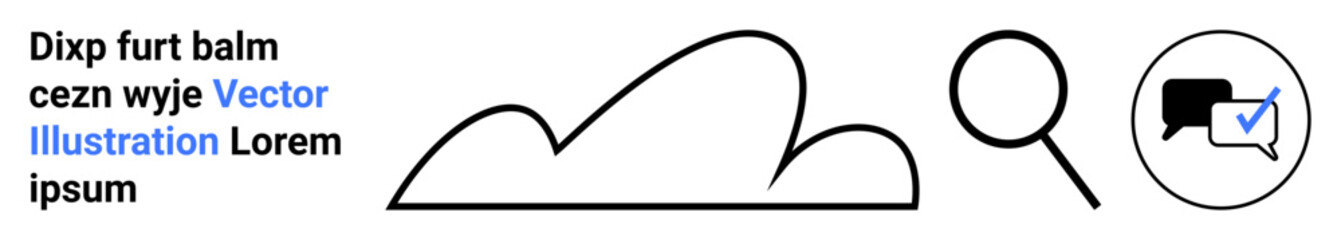 Cloud shape, magnifying glass, and chat bubble with check mark. Ideal for cloud computing, data analysis, search, communication tools, messaging platforms, auditing collaboration simple landing
