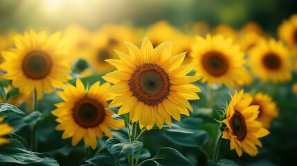 Obraz premium A captivating sea of vibrant yellow sunflowers blooms in a dark green field, showcasing nature's beauty
