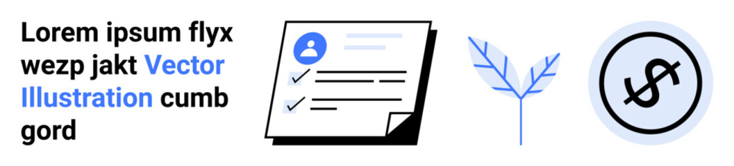 Profile checklist emphasizes organization, branch symbolizes growth and nature, currency highlights finance. Ideal for business, environment, finance, goals, planning, eco-friendly design simple