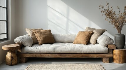 A cozy gray sofa with wooden frame, small wooden side table holding dried flowers in a vase, and a large blank white wall feature in this minimalist interior design