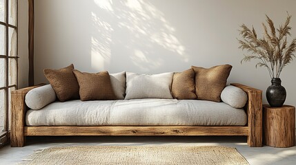 A cozy gray sofa with wooden frame, small wooden side table holding dried flowers in a vase, and a large blank white wall feature in this minimalist interior design