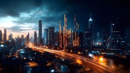 Naklejka premium Conceptual image of a city skyline transforming into a vertical financial chart or graph