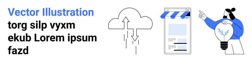 Cloud data transfer, smartphone with storefront interface, and person holding a lightbulb for innovation. Ideal for technology, creativity, online business, brainstorming, productivity, cloud