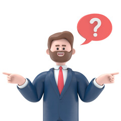 3D illustration of bearded american businessman Bob standing, choosing between two ways, pointing fingers at other side.Supports PNG files with transparent backgrounds.