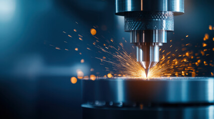 High precision industrial machine creating sparks during metal processing, showcasing advanced technology and craftsmanship in modern workshop environment