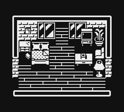Interior pixel apartment, top view, Pixel background, game assets 1-bit sprite. Design for stamp, web, mobile app, vector illustration.