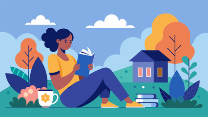 A person lounging in their backyard engrossed in a good book with a cup of tea by their side on a Mental Health Day.. Vector illustration