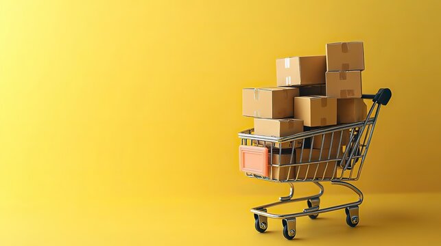 A miniature shopping cart full of cardboard boxes stands on a yellow background, representing online shopping, e-commerce, and delivery