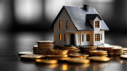 A miniature white house model atop stacked coins represents home ownership, real estate investment, savings, and financial security