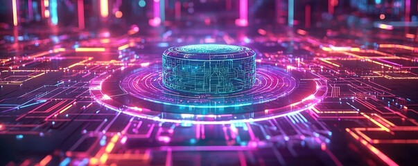 Obraz premium Artificial intelligence brain network and database concept. Futuristic digital circuit board with vibrant neon lights.