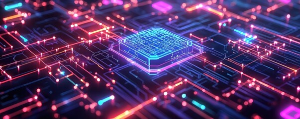 Obraz premium Artificial intelligence brain network and database concept. An abstract representation of a vibrant microchip.