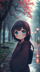 Fototapeta premium anime chibi style, masterpiece, highly detailed, cute with adorable eyes in the park, dynamic angle, depth of field, created by generative ai