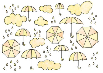 梅雨、雨、傘、雲、黄色、オレンジ、黒罫線
