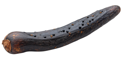 Rotten Cucumber: A close-up shot of a rotten cucumber, showing its darkened skin, decay and textured details of a diseased fruit. 