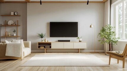 Fototapeta premium Sleek design of a TV cabinet complements a Scandinavian decor. 