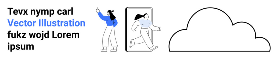 Woman stepping out of a smartphone, large cloud shape on the side. Ideal for technology, connectivity, creativity, innovation, freedom, digital transformation, simple landing page