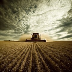 Fototapeta premium Harvester on field harvesting crops in cloudy weather