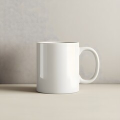 Obraz premium Plain White Coffee Mug on Beige Table Mockup Perfect for Branding and Design