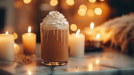 A caramel milkshake topped with whipped cream glowing candles on a marble table romantic scene