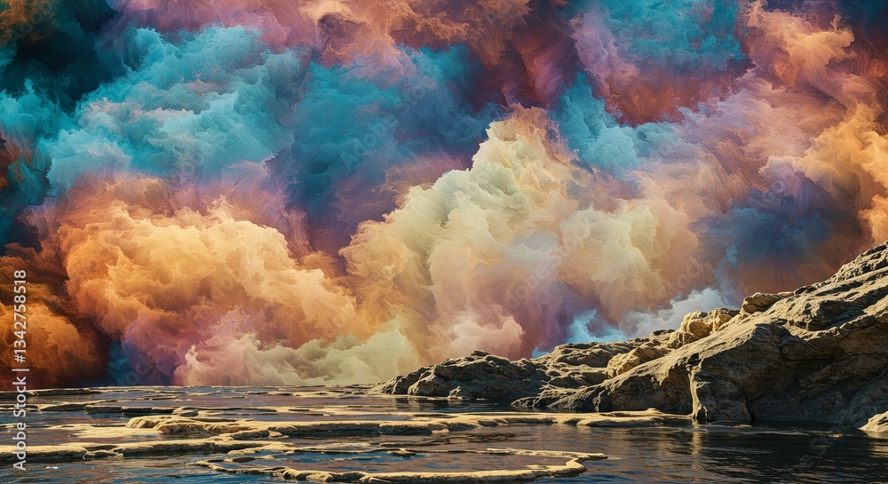 Poster a colorful cloud filled sky with a mountain in the background