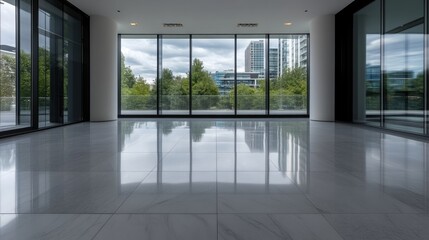 Fototapeta premium Spacious, modern office interior with large windows showcasing city views