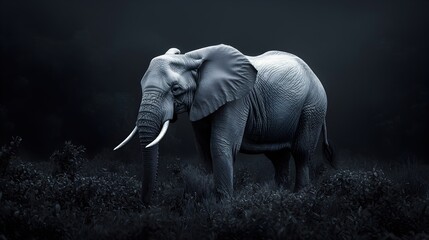 Fototapeta premium Majestic Elephant Walking Through Dense Grass in Low Light Environment