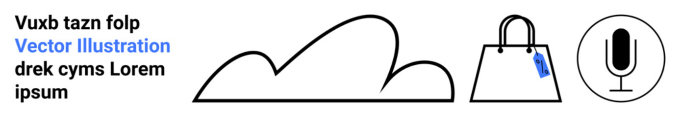 Minimalist cloud shape, shopping bag with tag, and microphone circle. Ideal for e-commerce, communication, broadcasting, shopping, technology, digital marketing flat landing page banner