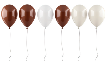five balloons in varying shades of brown and white arranged in a row with white strings they are glossy and appear festive suitable for celebrations or events