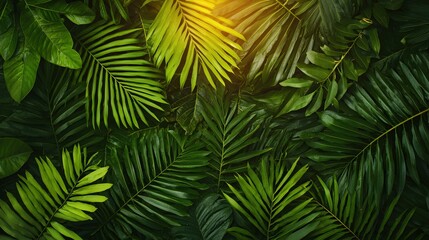 Lush Green Tropical Leaves with Sunlight Glimmering from Above