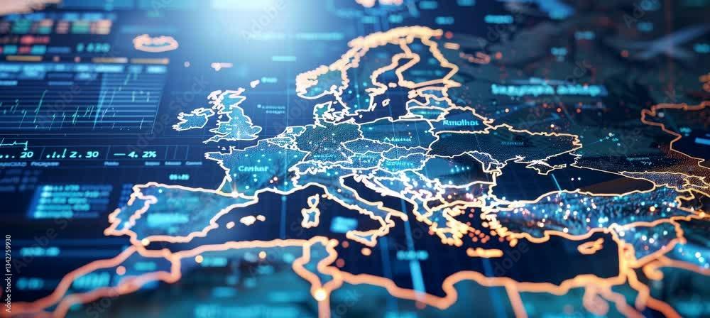 Poster Digital virtual map of Europe map. Information wireless data technology. Generative video AI technology.	
