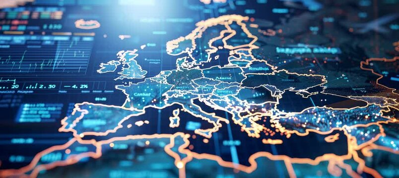 Digital virtual map of Europe map. Information wireless data technology. Generative video AI technology.	
